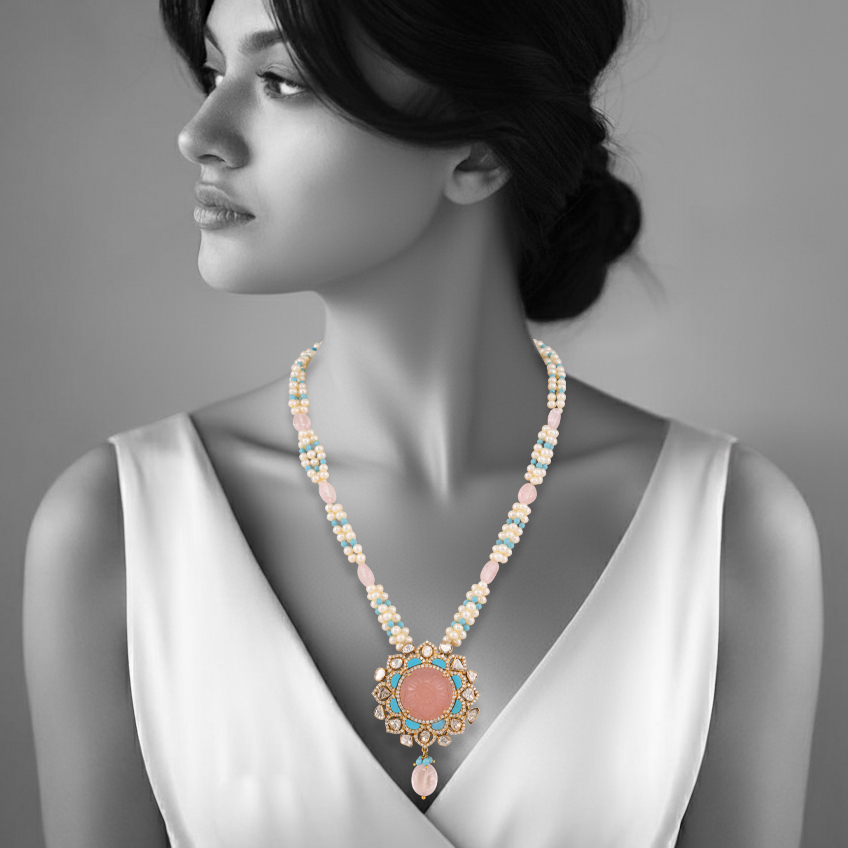 Carved Pink and Turquoise Gemstone Necklace with Polkis and Pearl